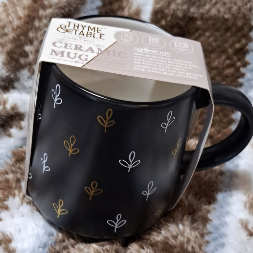 805. NWT Black Ceramic Mug with Gold and White Accents